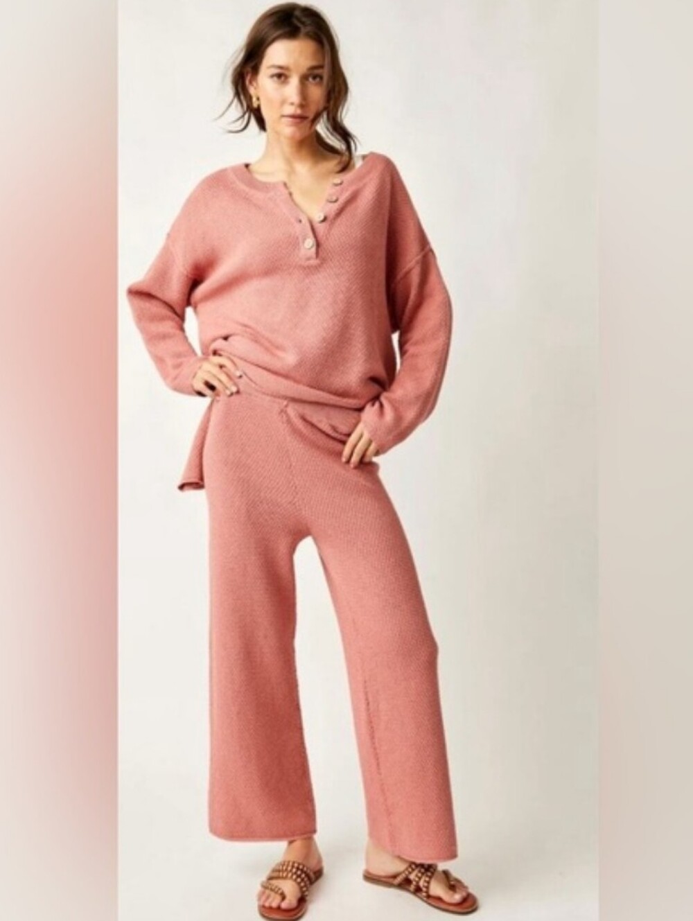 Free People Beach Hailee Sweater Set Rosie Pink Waffle Knit Wide Leg Pant Size M